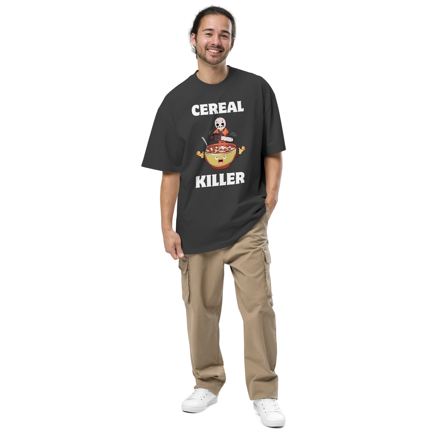 Man wearing a Faded Black Cereal Killer Oversized T-Shirt featuring a Cereal Killer graphic on the chest - Funny Graphic Oversized Tees - Boozy Fox