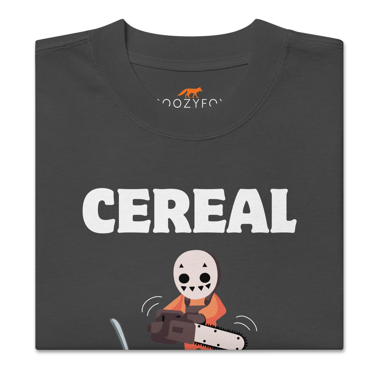 Front details of a Faded Black Cereal Killer Oversized T-Shirt featuring a Cereal Killer graphic on the chest - Funny Graphic Oversized Tees - Boozy Fox