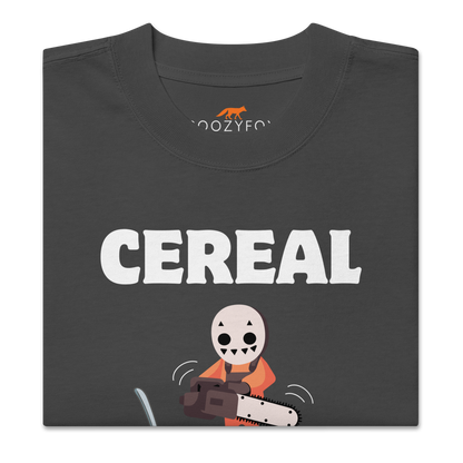Front details of a Faded Black Cereal Killer Oversized T-Shirt featuring a Cereal Killer graphic on the chest - Funny Graphic Oversized Tees - Boozy Fox