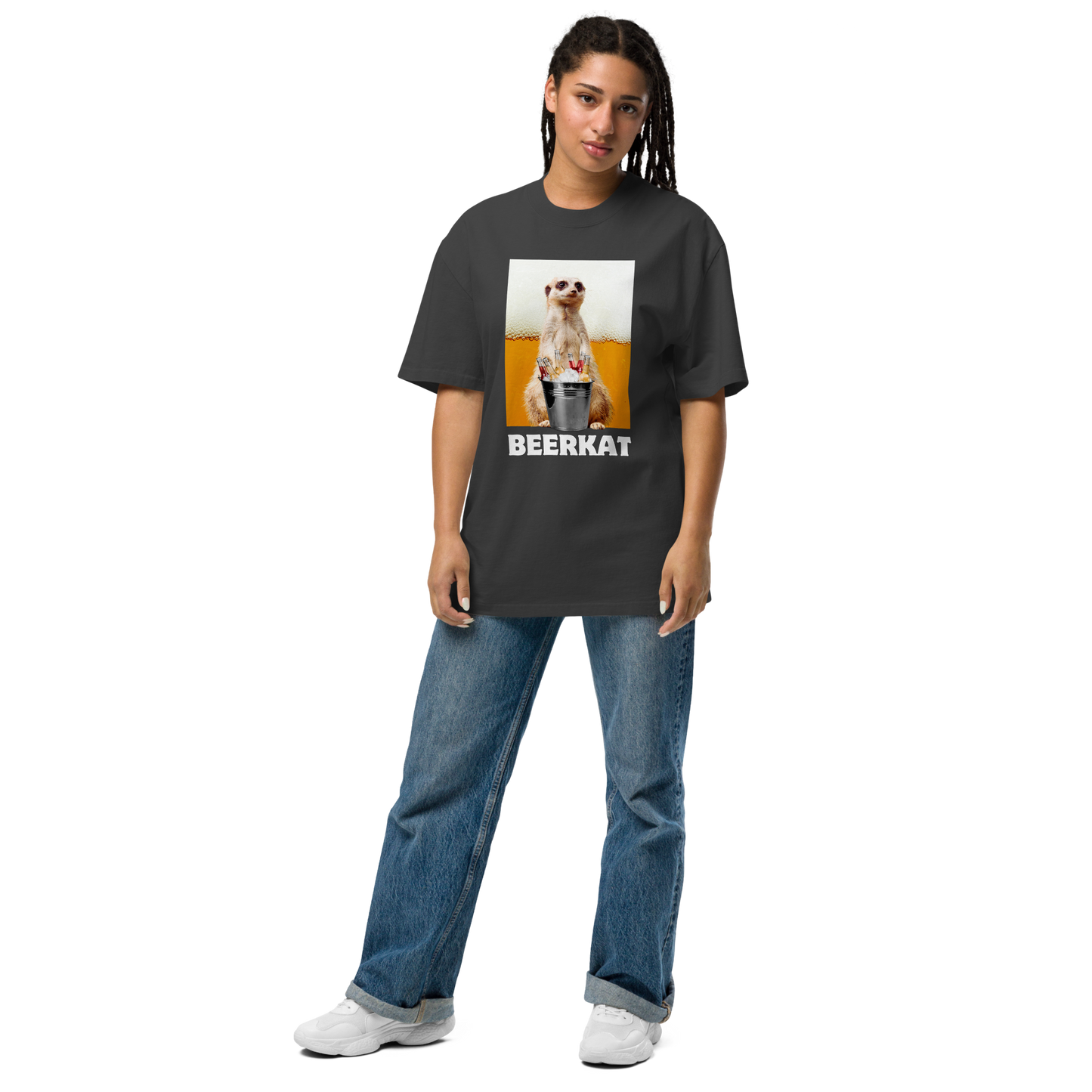 Woman wearing a Faded Black Meerkat Oversized Tee - Boozy Fox