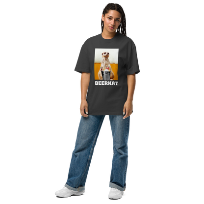 Woman wearing a Faded Black Meerkat Oversized Tee - Boozy Fox