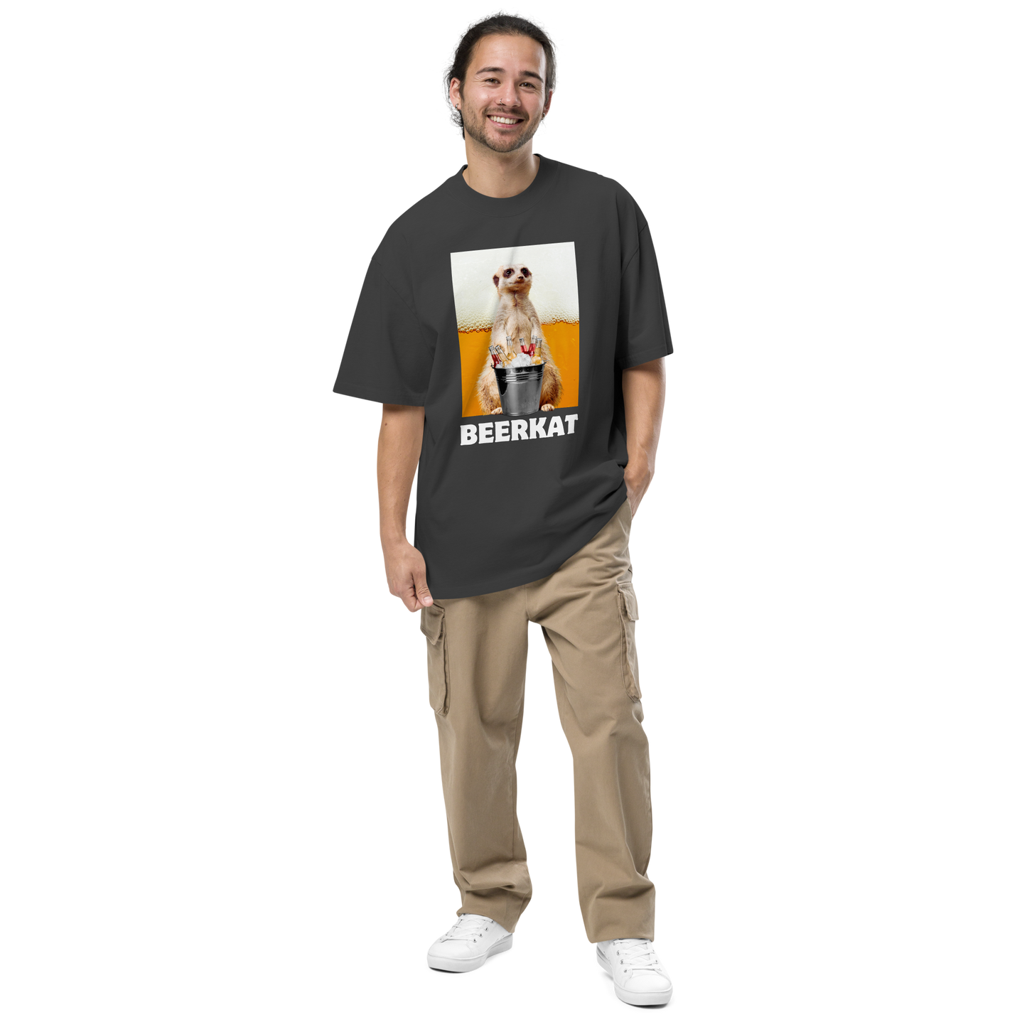 Smiling man wearing a Faded Black Meerkat Oversized Tee - Boozy Fox