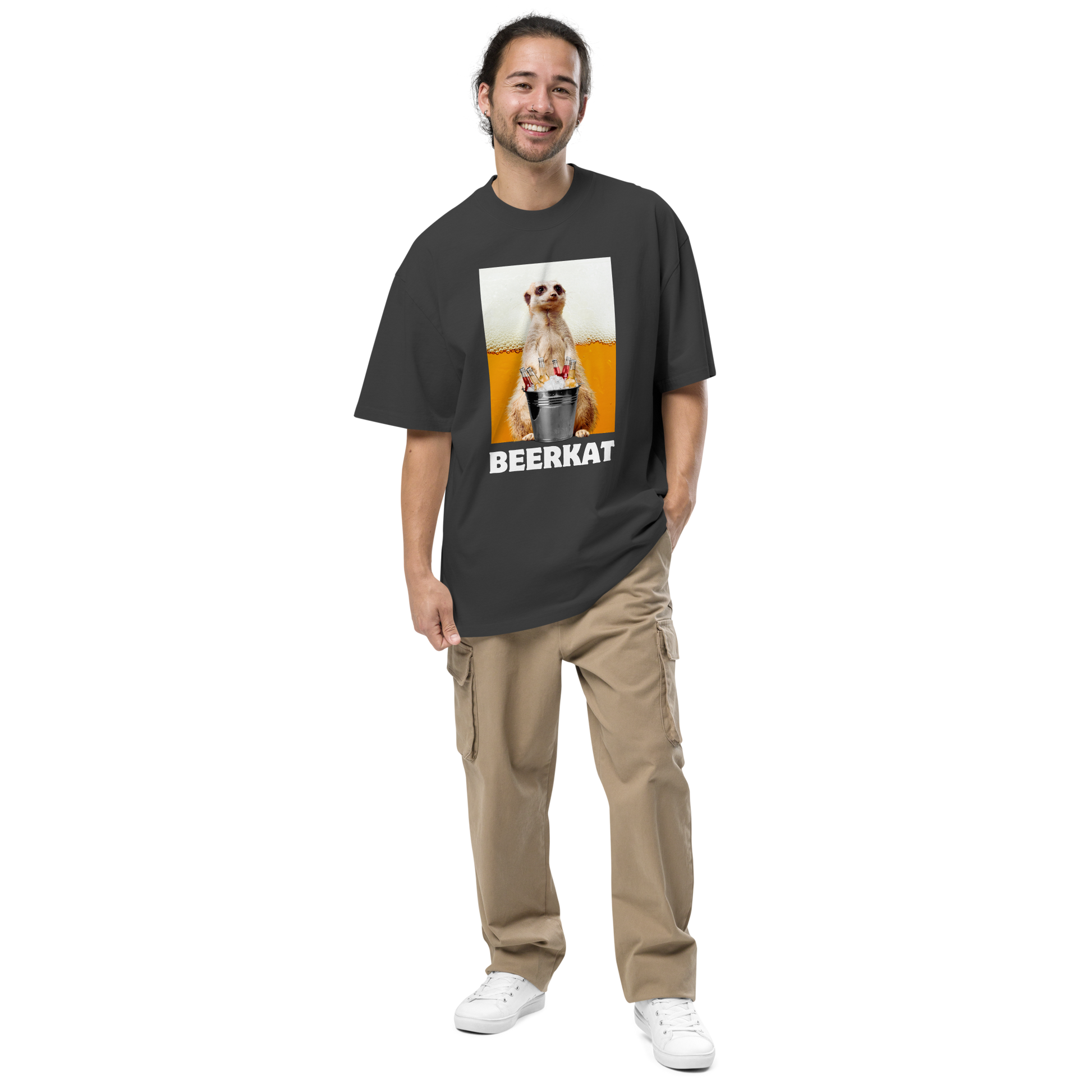 Smiling man wearing a Faded Black Meerkat Oversized Tee - Boozy Fox