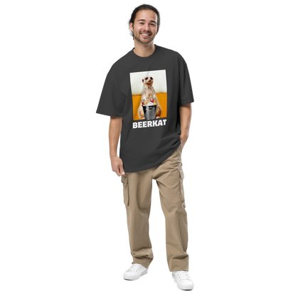 Smiling man wearing a Faded Black Meerkat Oversized Tee - Boozy Fox