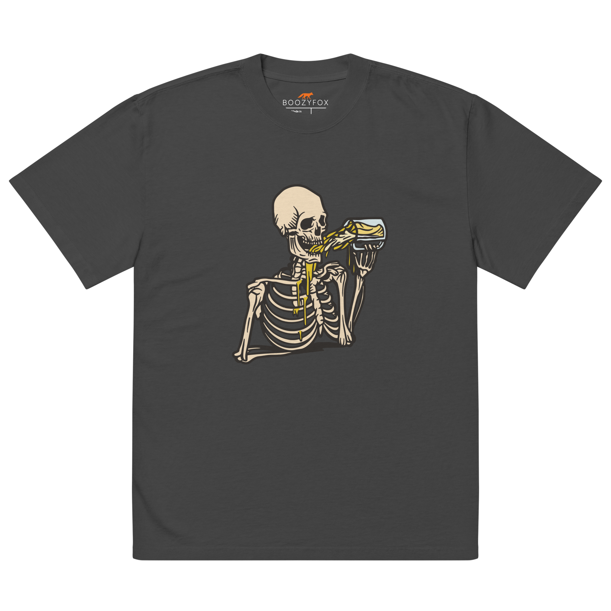 Skeleton Drinking Beer Oversized Tee Online - Faded Black - Boozy Fox