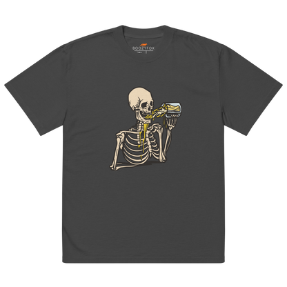 Skeleton Drinking Beer Oversized Tee Online - Faded Black - Boozy Fox