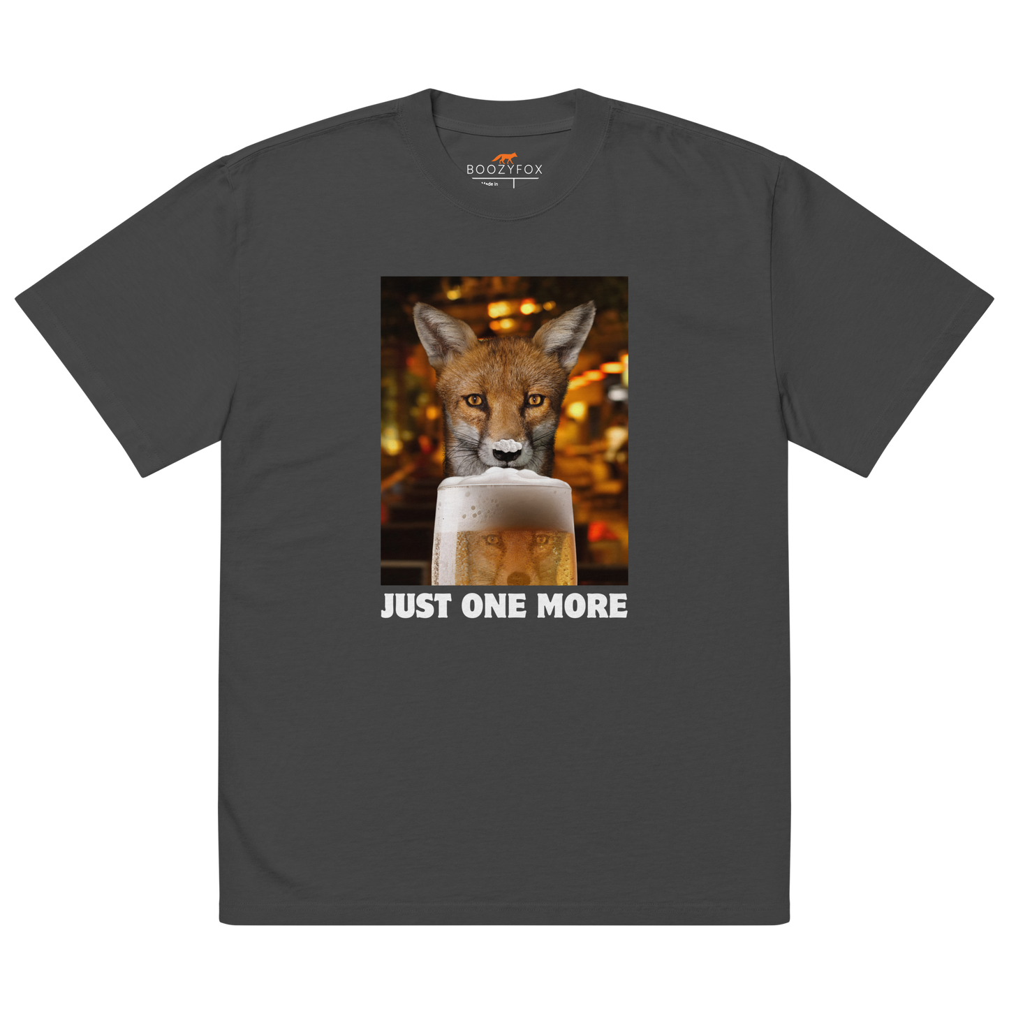 Funny Just One More Fox oversized graphic t-shirt in faded black by Boozy Fox