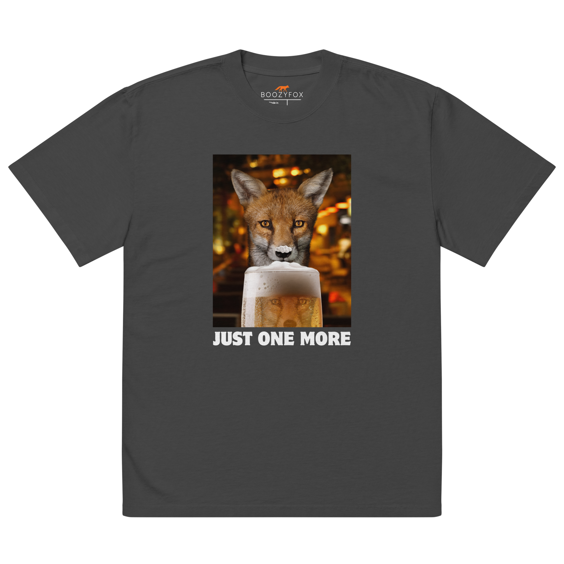 Funny Just One More Fox oversized graphic t-shirt in faded black by Boozy Fox
