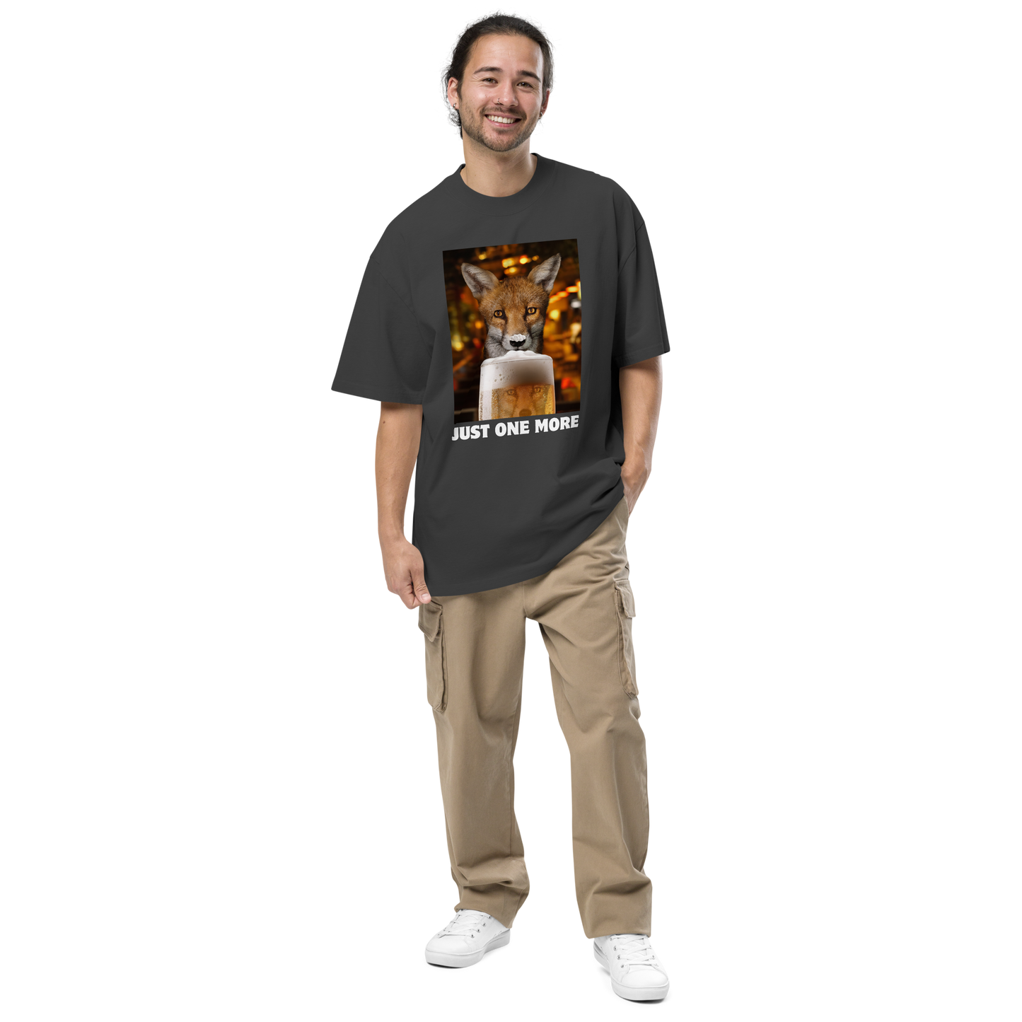 Man wearing a Funny Just One More Fox oversized graphic t-shirt in faded black by Boozy Fox