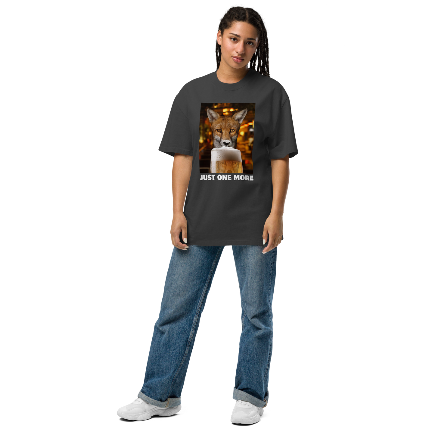 Woman wearing a Funny Just One More Fox oversized graphic t-shirt in faded black by Boozy Fox