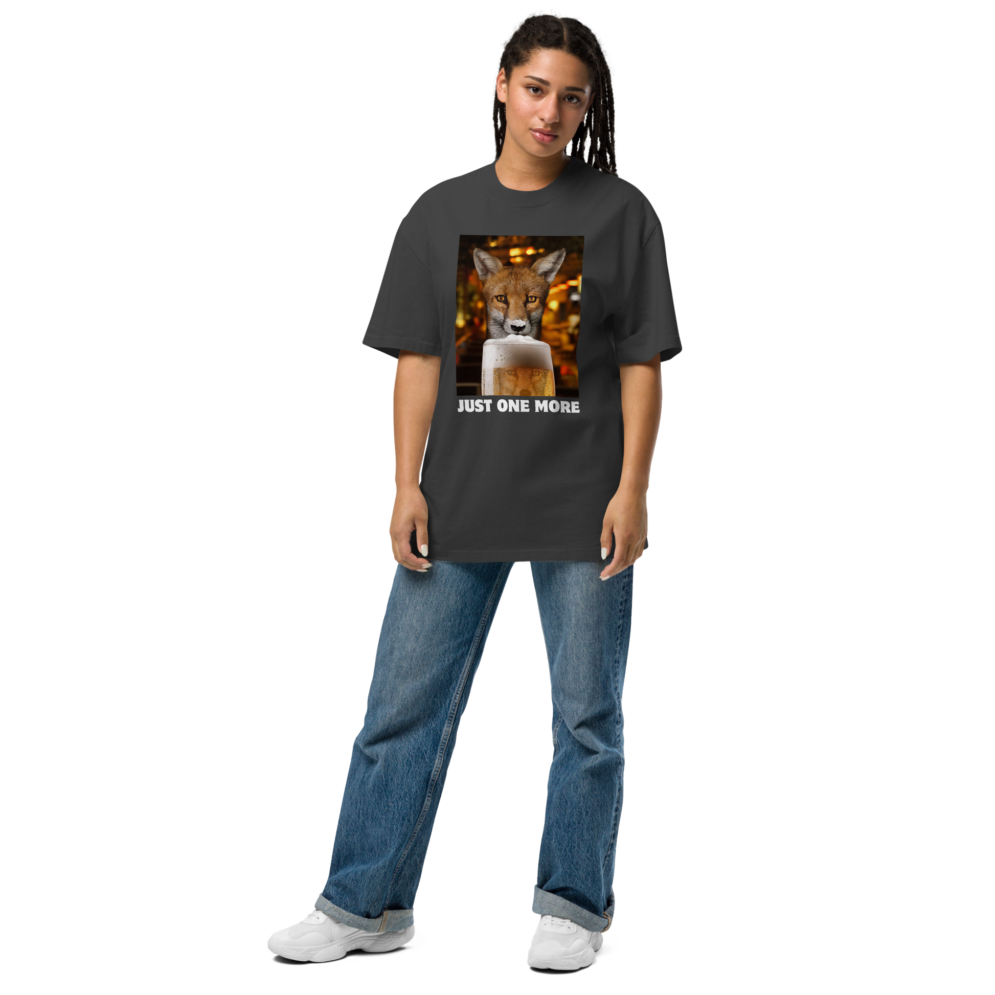 Woman wearing a Funny Just One More Fox oversized graphic t-shirt in faded black by Boozy Fox
