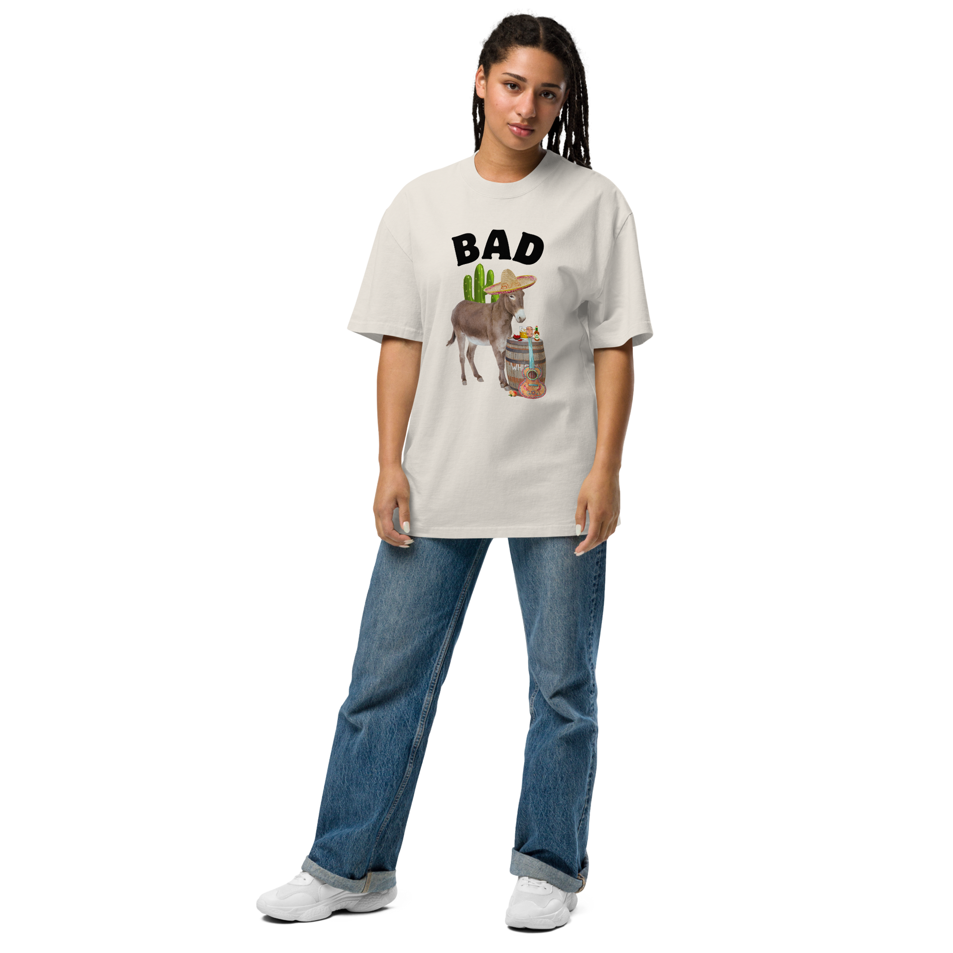 Woman wearing a Faded Bone Donkey Oversized T-Shirt Featuring a cheeky Bad Ass Donkey graphic on the chest - Funny Graphic Bad Ass Donkey Oversized Tees - Boozy Fox