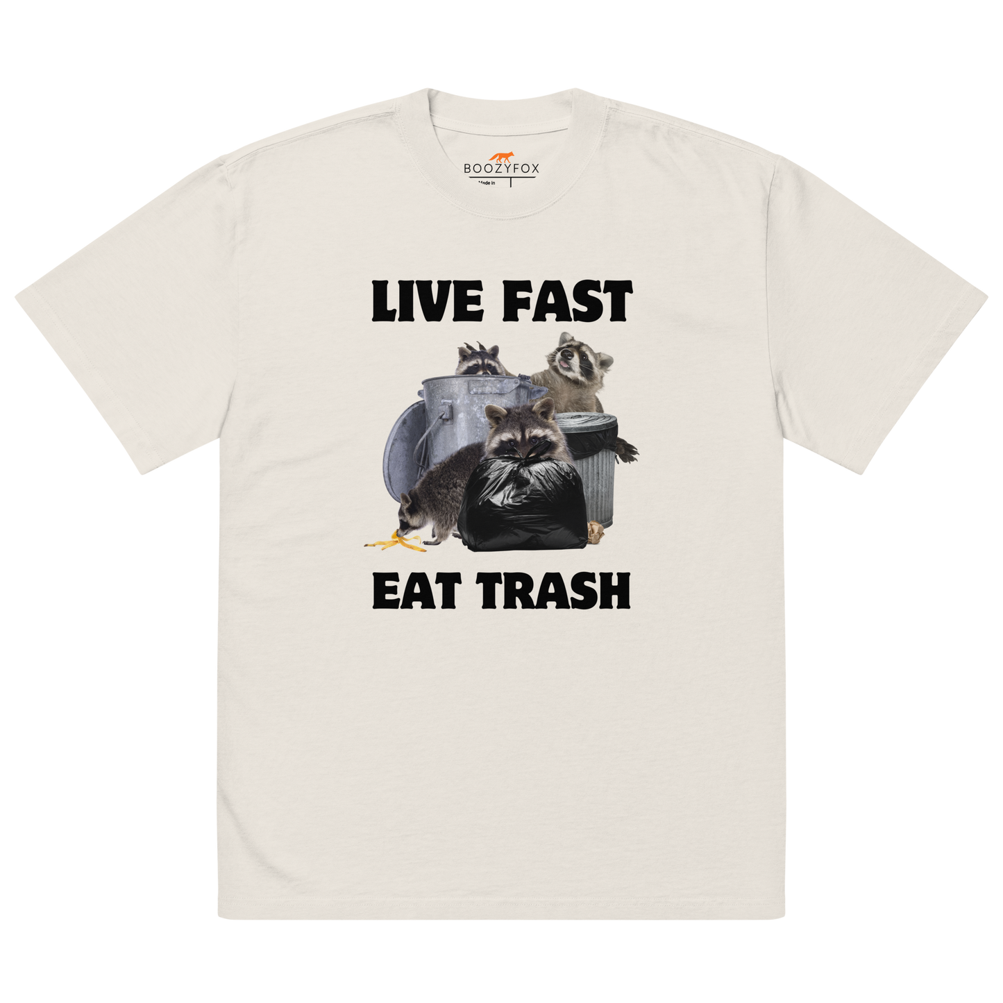 Faded Bone Raccoon Oversized T-Shirt featuring the bold Live Fast Eat Trash graphic on the chest - Funny Graphic Raccoon Oversized Tees - Boozy Fox