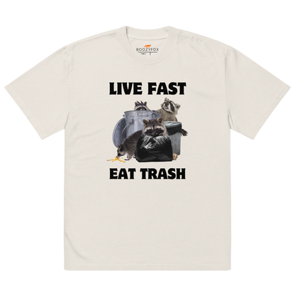 Faded Bone Raccoon Oversized T-Shirt featuring the bold Live Fast Eat Trash graphic on the chest - Funny Graphic Raccoon Oversized Tees - Boozy Fox