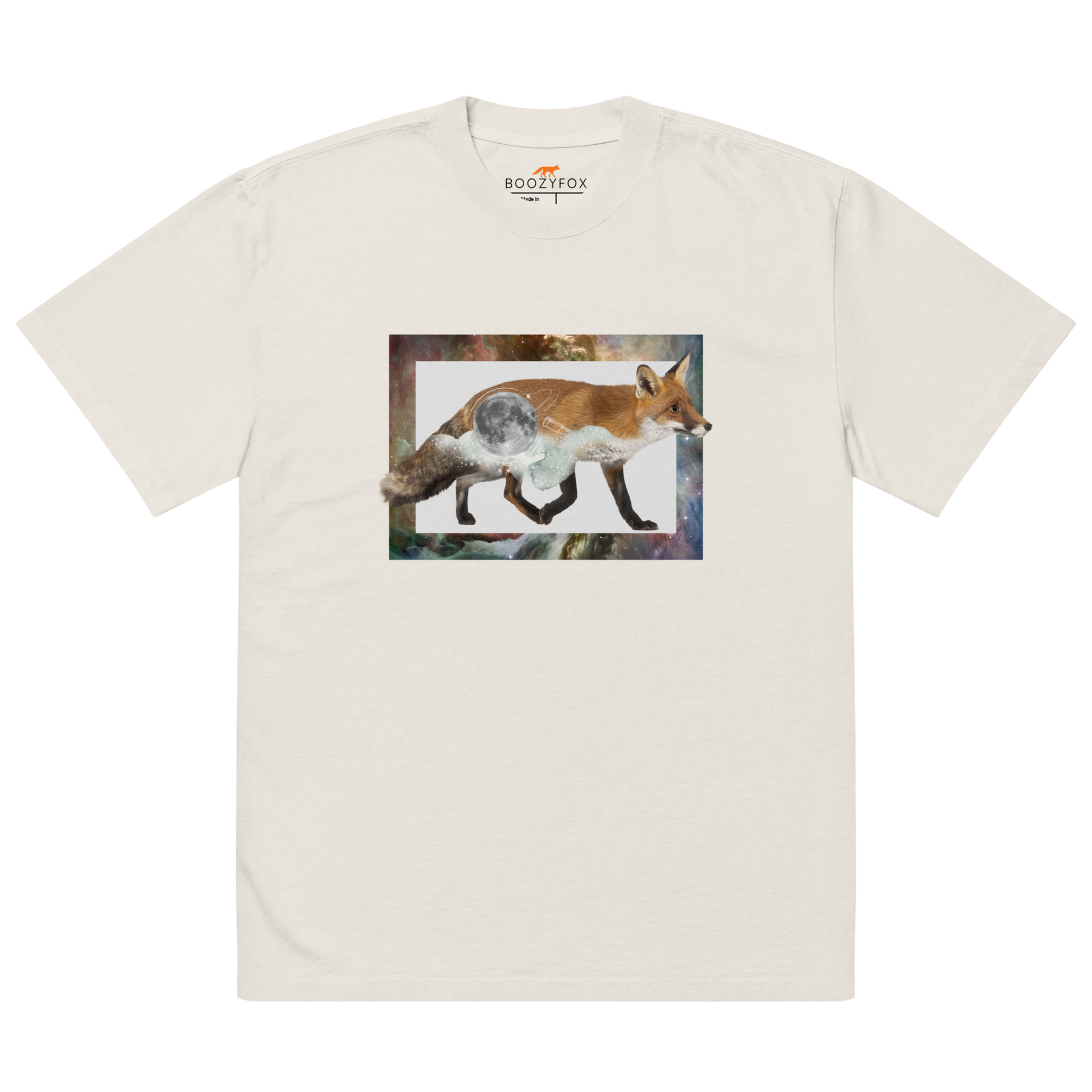 Faded Bone Fox Oversized T-Shirt featuring a stellar Space Fox graphic on the chest - Cool Graphic Fox Oversized Tees - Boozy Fox