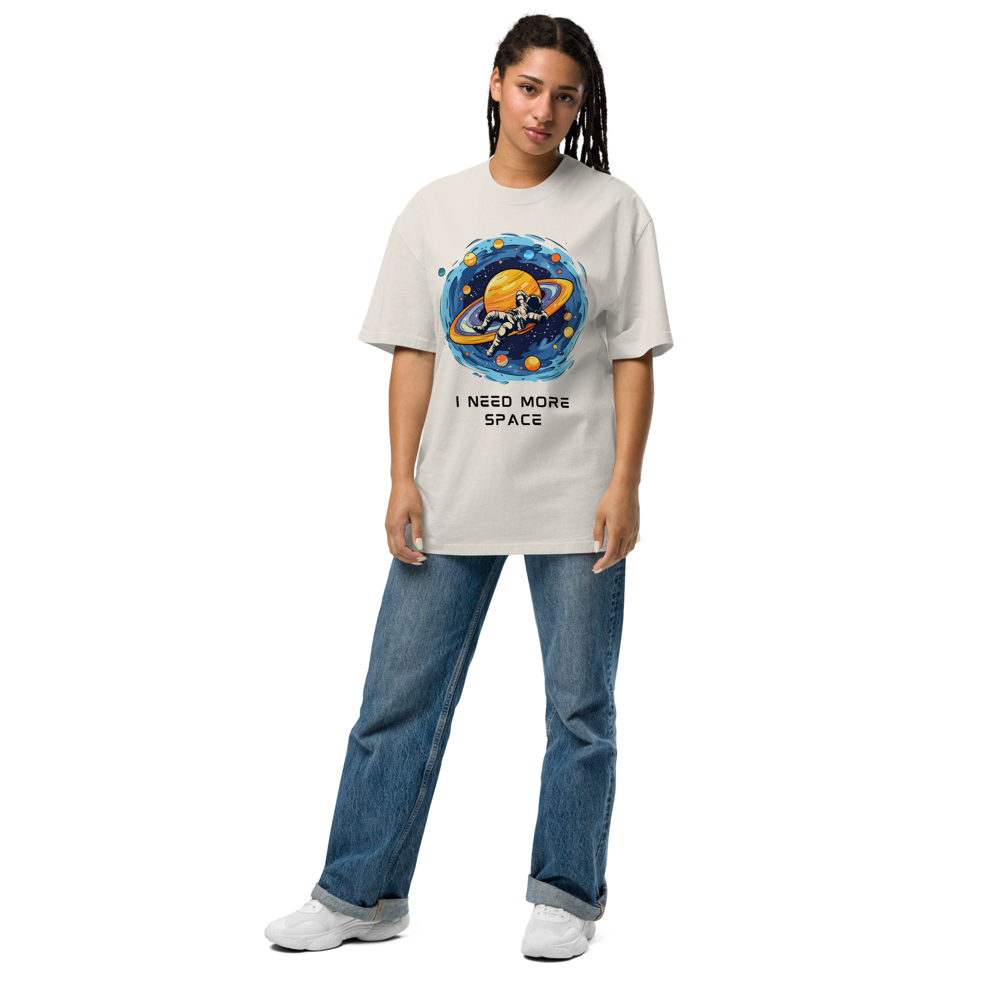 Woman wearing a Faded Bone Space Oversized T-Shirt featuring a captivating I Need More Space graphic on the chest - Funny Graphic Space Oversized Tees - Boozy Fox