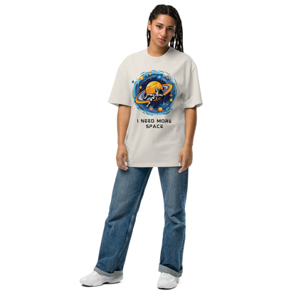 Woman wearing a Faded Bone Space Oversized T-Shirt featuring a captivating I Need More Space graphic on the chest - Funny Graphic Space Oversized Tees - Boozy Fox