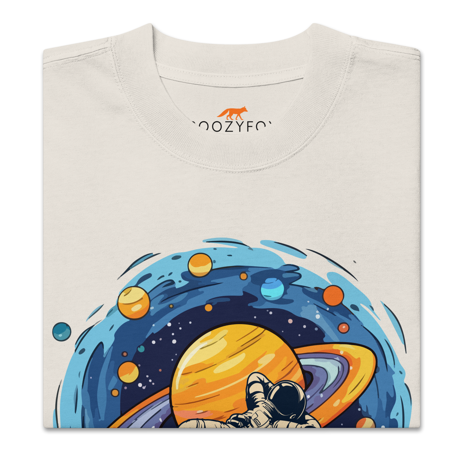 Product details of a Faded Bone Space Oversized T-Shirt featuring a captivating I Need More Space graphic on the chest - Funny Graphic Space Oversized Tees - Boozy Fox