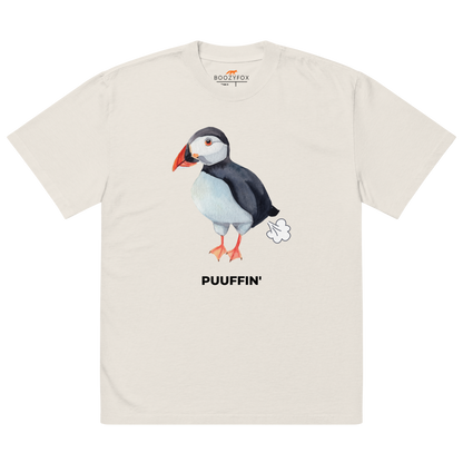 Faded Bone Puffin Oversized T-Shirt featuring a comic Puuffin' graphic on the chest - Funny Graphic Puffin Oversized Tees - Boozy Fox