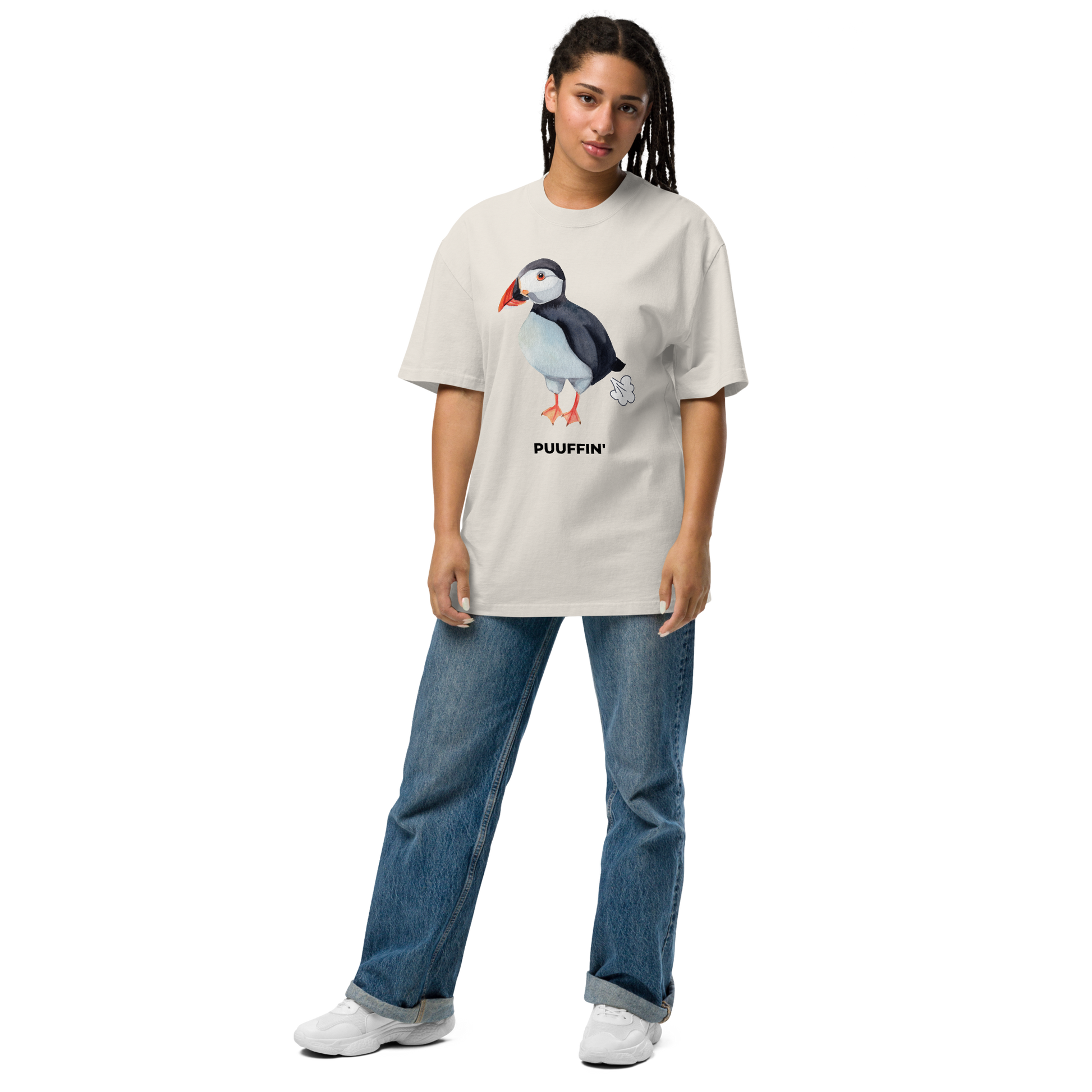 Woman wearing a Faded Bone Puffin Oversized T-Shirt featuring a comic Puuffin' graphic on the chest - Funny Graphic Puffin Oversized Tees - Boozy Fox