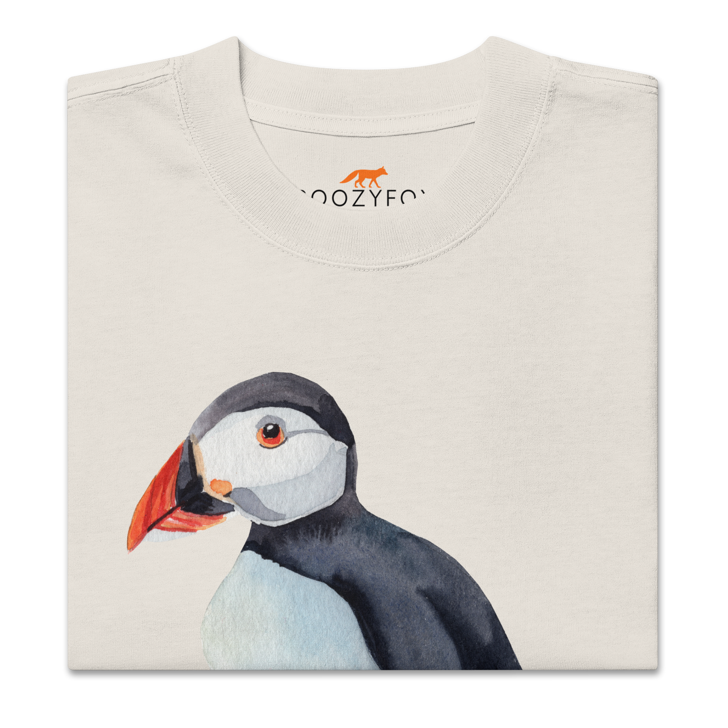 Product details of a Faded Bone Puffin Oversized T-Shirt featuring a comic Puuffin' graphic on the chest - Funny Graphic Puffin Oversized Tees - Boozy Fox