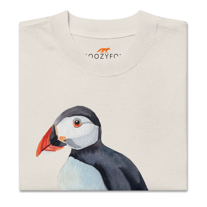 Product details of a Faded Bone Puffin Oversized T-Shirt featuring a comic Puuffin' graphic on the chest - Funny Graphic Puffin Oversized Tees - Boozy Fox