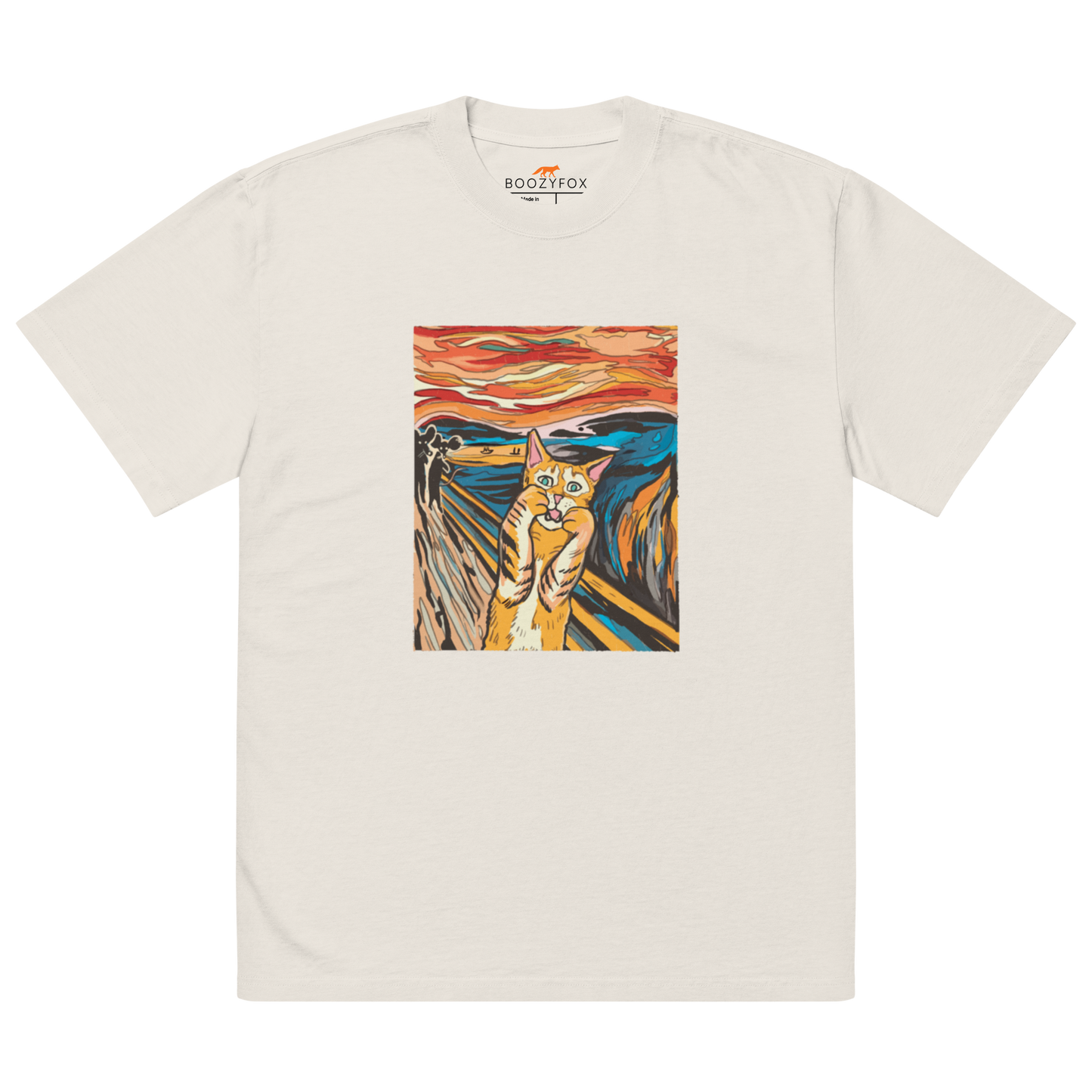 Faded Bone Screaming Cat Oversized T-Shirt showcasing the iconic 'The Scream' graphic on the chest - Funny Graphic Cat Oversized Tees - Boozy Fox