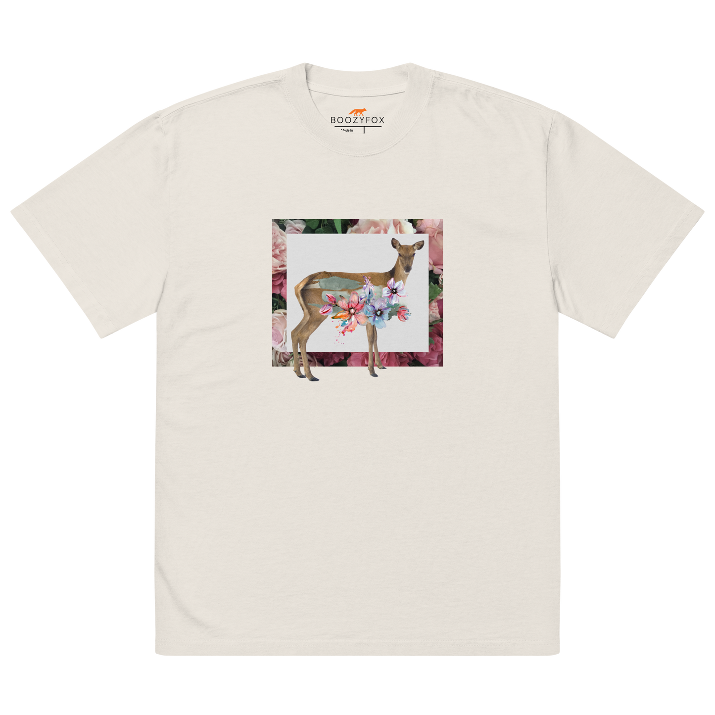 Faded Bone Deer Oversized T-Shirt featuring a captivating Floral Deer graphic on the chest - Cute Graphic Deer Oversized Tees - Boozy Fox
