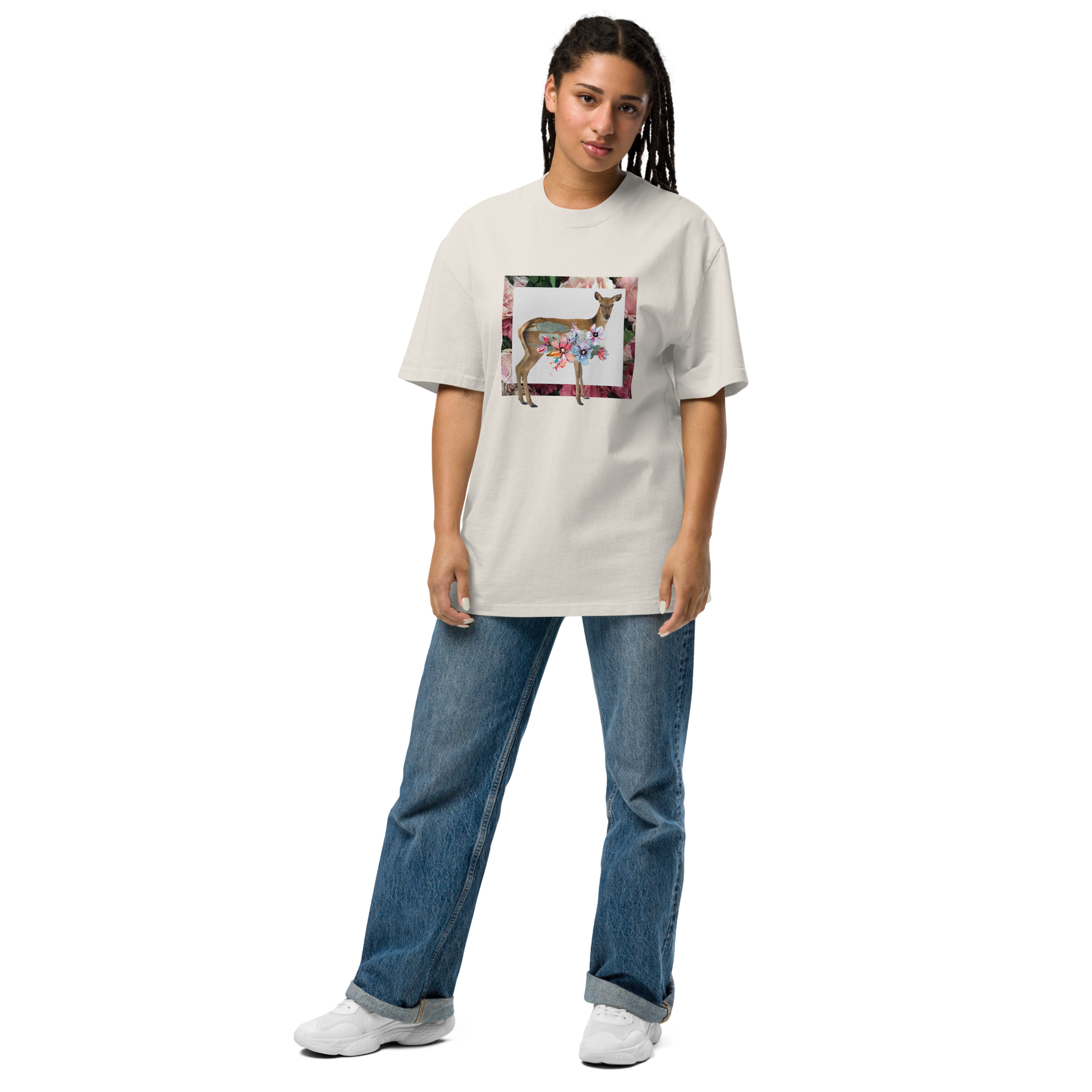 Woman wearing a Faded Bone Deer Oversized T-Shirt featuring a captivating Floral Deer graphic on the chest - Cute Graphic Deer Oversized Tees - Boozy Fox