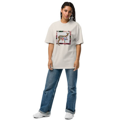 Woman wearing a Faded Bone Deer Oversized T-Shirt featuring a captivating Floral Deer graphic on the chest - Cute Graphic Deer Oversized Tees - Boozy Fox