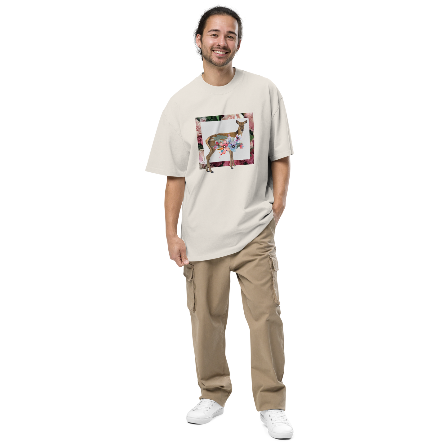Smiling man wearing a Faded Bone Deer Oversized T-Shirt featuring a captivating Floral Deer graphic on the chest - Cute Graphic Deer Oversized Tees - Boozy Fox