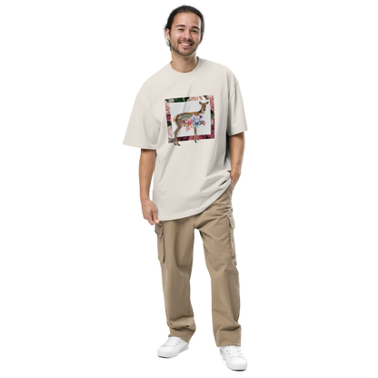 Smiling man wearing a Faded Bone Deer Oversized T-Shirt featuring a captivating Floral Deer graphic on the chest - Cute Graphic Deer Oversized Tees - Boozy Fox