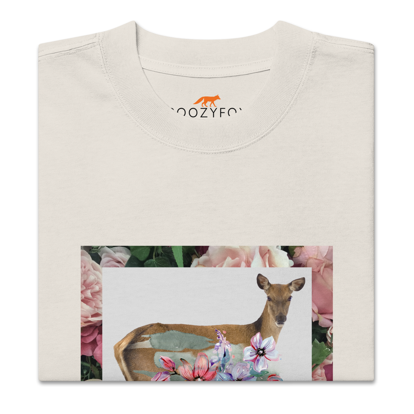 Product details of a Faded Bone Deer Oversized T-Shirt featuring a captivating Floral Deer graphic on the chest - Cute Graphic Deer Oversized Tees - Boozy Fox