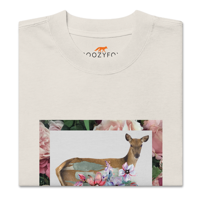 Product details of a Faded Bone Deer Oversized T-Shirt featuring a captivating Floral Deer graphic on the chest - Cute Graphic Deer Oversized Tees - Boozy Fox