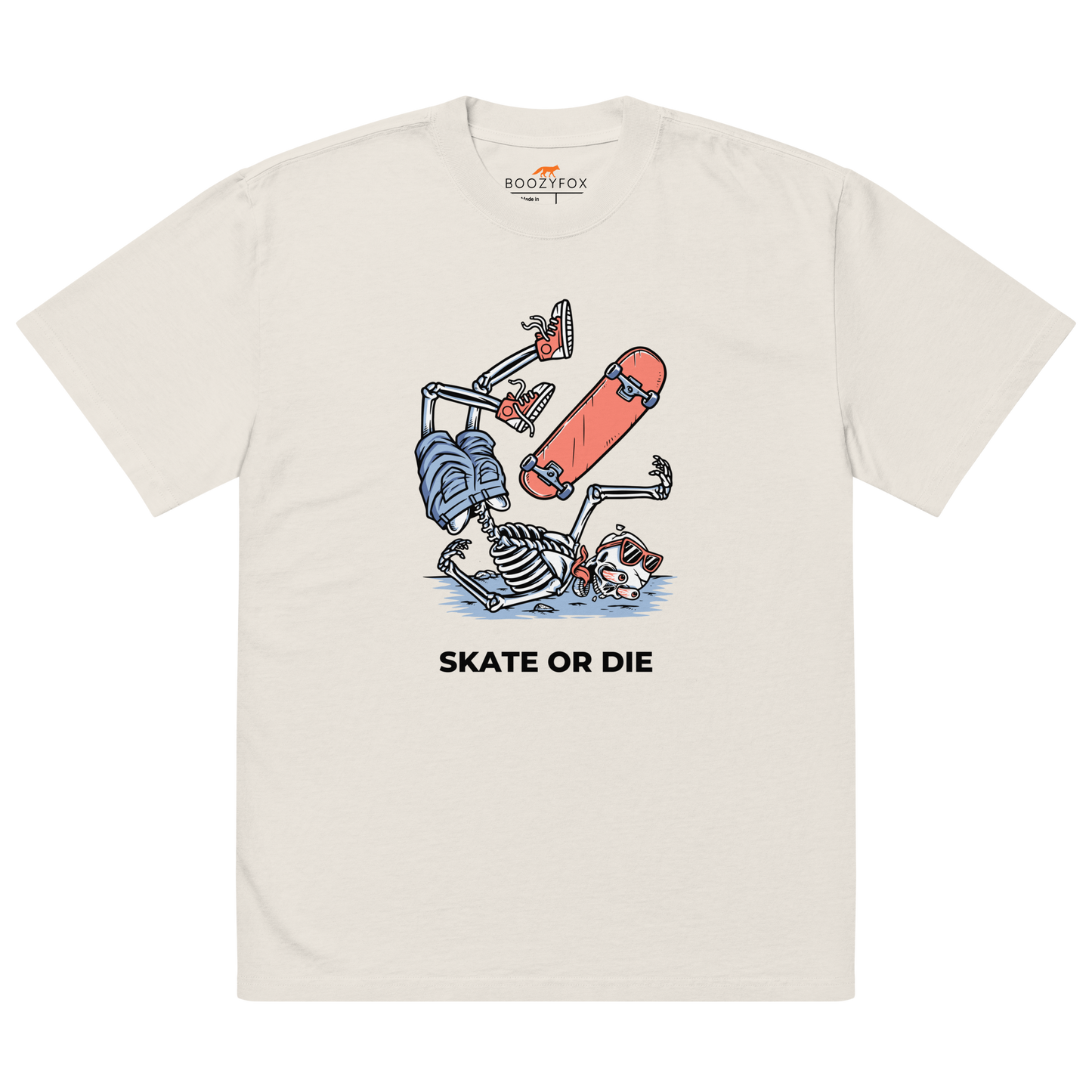 Faded Bone Skate or Die Oversized T-Shirt featuring a fearless Skeleton Falling While Skateboarding graphic on the chest - Cool Graphic Skeleton Oversized Tees - Boozy Fox