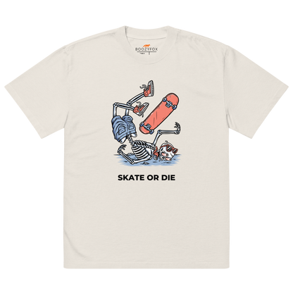 Faded Bone Skate or Die Oversized T-Shirt featuring a fearless Skeleton Falling While Skateboarding graphic on the chest - Cool Graphic Skeleton Oversized Tees - Boozy Fox