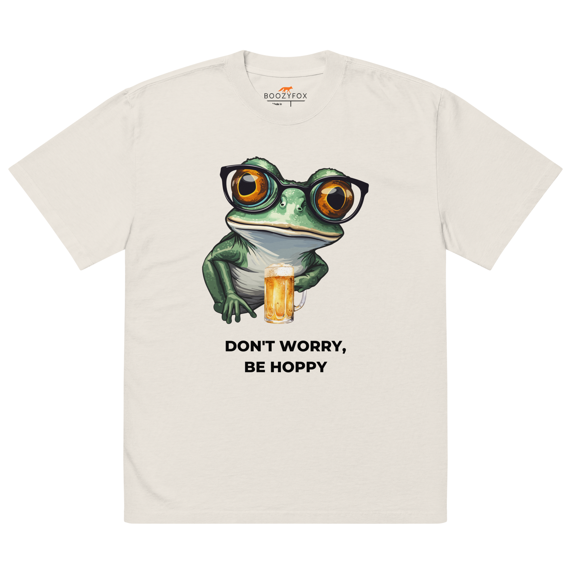 Faded Bone Frog Oversized T-Shirt featuring a ribbitting Don't Worry, Be Hoppy graphic on the chest - Funny Graphic Frog Oversized Tees - Boozy Fox