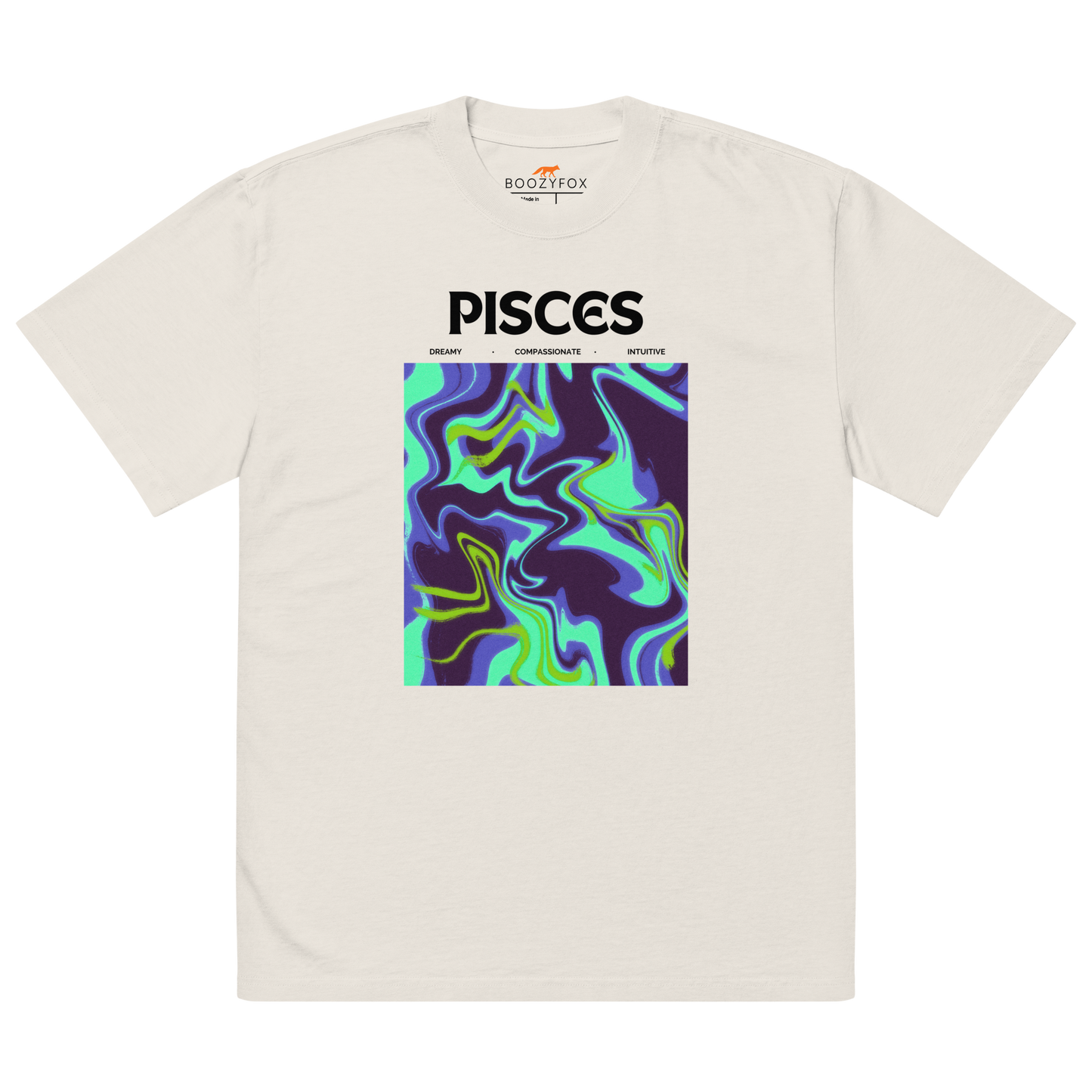 Faded Bone Pisces Oversized T-Shirt featuring an Abstract Pisces Star Sign graphic on the chest - Cool Graphic Zodiac Oversized Tees - Boozy Fox