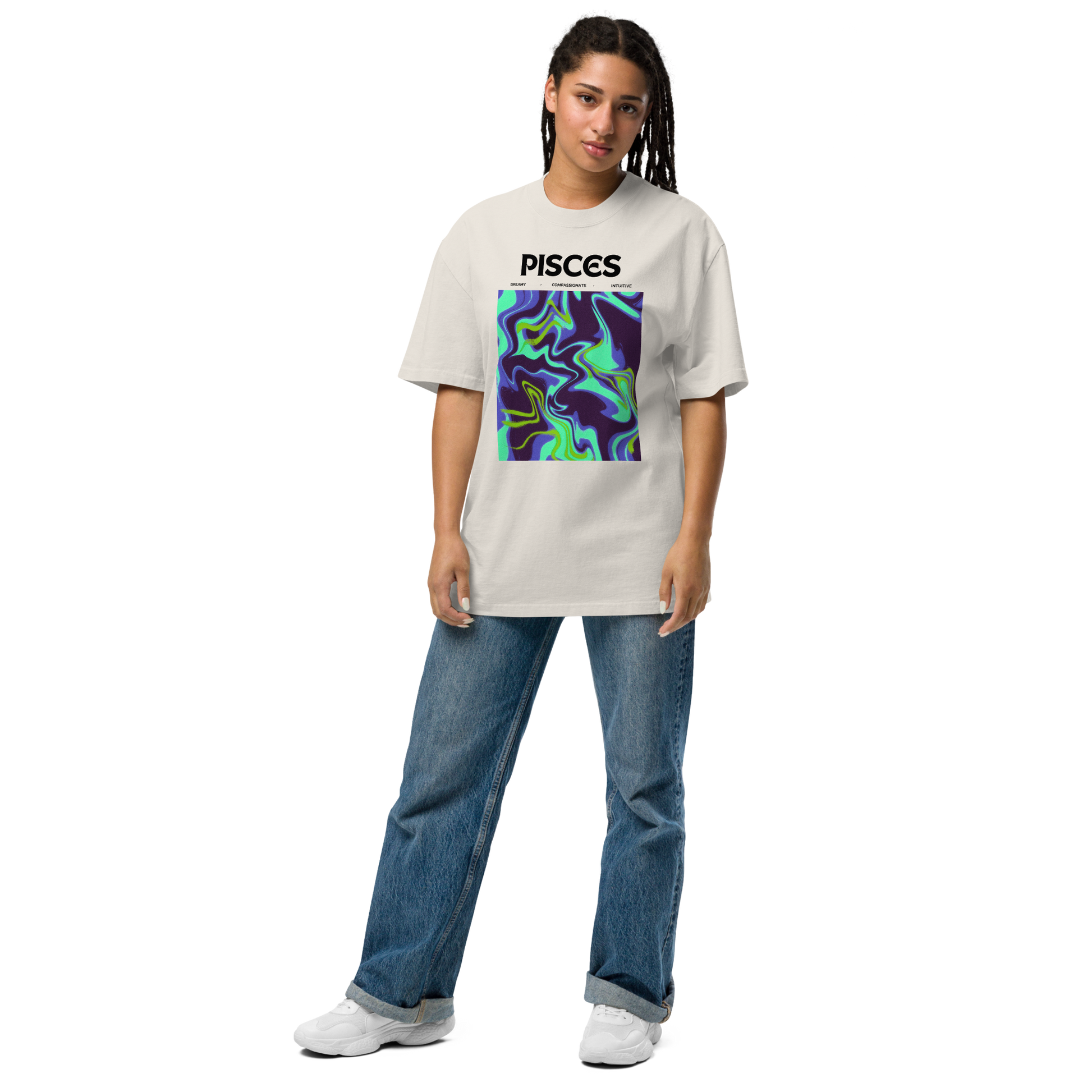Woman wearing a Faded Bone Pisces Oversized T-Shirt featuring an Abstract Pisces Star Sign graphic on the chest - Cool Graphic Zodiac Oversized Tees - Boozy Fox