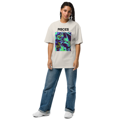 Woman wearing a Faded Bone Pisces Oversized T-Shirt featuring an Abstract Pisces Star Sign graphic on the chest - Cool Graphic Zodiac Oversized Tees - Boozy Fox
