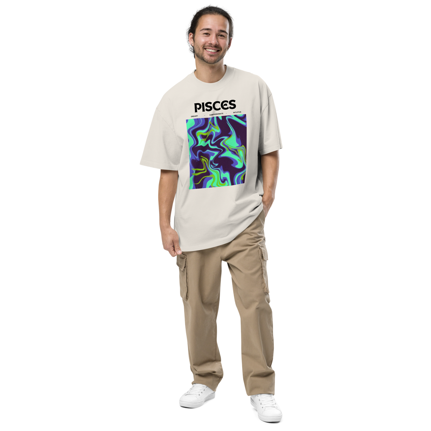 Man wearing a Faded Bone Pisces Oversized T-Shirt featuring an Abstract Pisces Star Sign graphic on the chest - Cool Graphic Zodiac Oversized Tees - Boozy Fox