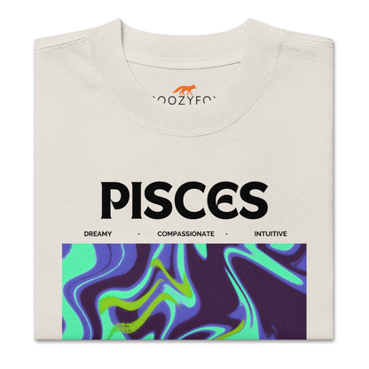 Front details of a Faded Bone Pisces Oversized T-Shirt featuring an Abstract Pisces Star Sign graphic on the chest - Cool Graphic Zodiac Oversized Tees - Boozy Fox