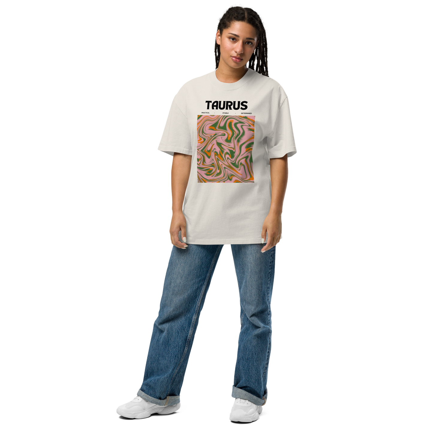 Woman wearing a Faded Bone Taurus Oversized T-Shirt featuring an Abstract Taurus Star Sign graphic on the chest - Cool Graphic Zodiac Oversized Tees - Boozy Fox