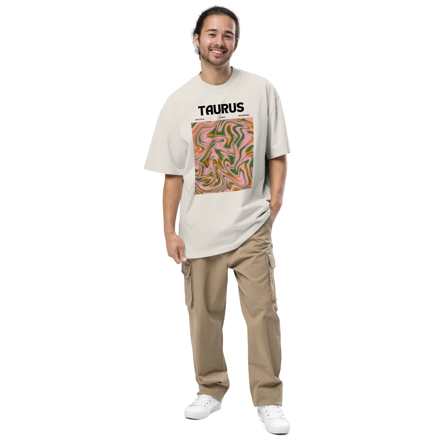 Man wearing a Faded Bone Taurus Oversized T-Shirt featuring an Abstract Taurus Star Sign graphic on the chest - Cool Graphic Zodiac Oversized Tees - Boozy Fox