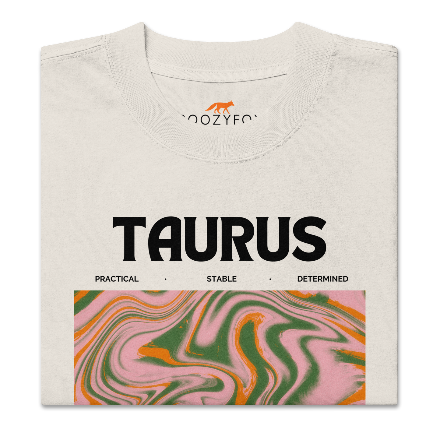 Front details of a Faded Bone Taurus Oversized T-Shirt featuring an Abstract Taurus Star Sign graphic on the chest - Cool Graphic Zodiac Oversized Tees - Boozy Fox