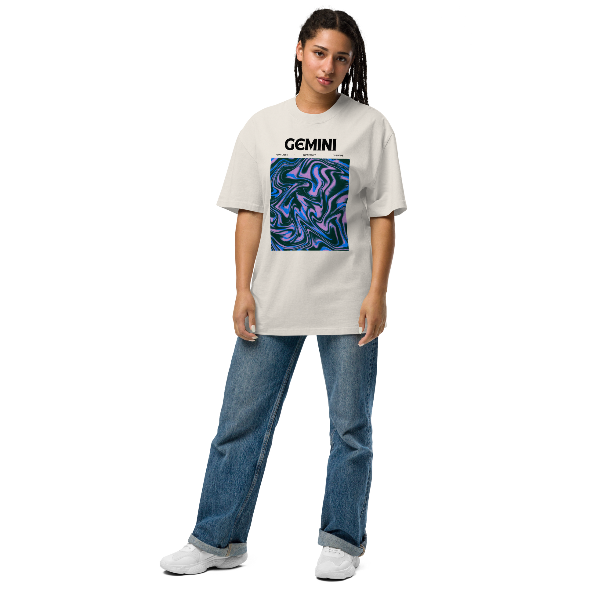 Woman wearing a Faded Bone Gemini Oversized T-Shirt featuring an Abstract Gemini Star Sign graphic on the chest - Cool Graphic Zodiac Oversized Tees - Boozy Fox