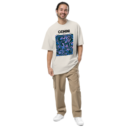 Man wearing a Faded Bone Gemini Oversized T-Shirt featuring an Abstract Gemini Star Sign graphic on the chest - Cool Graphic Zodiac Oversized Tees - Boozy Fox