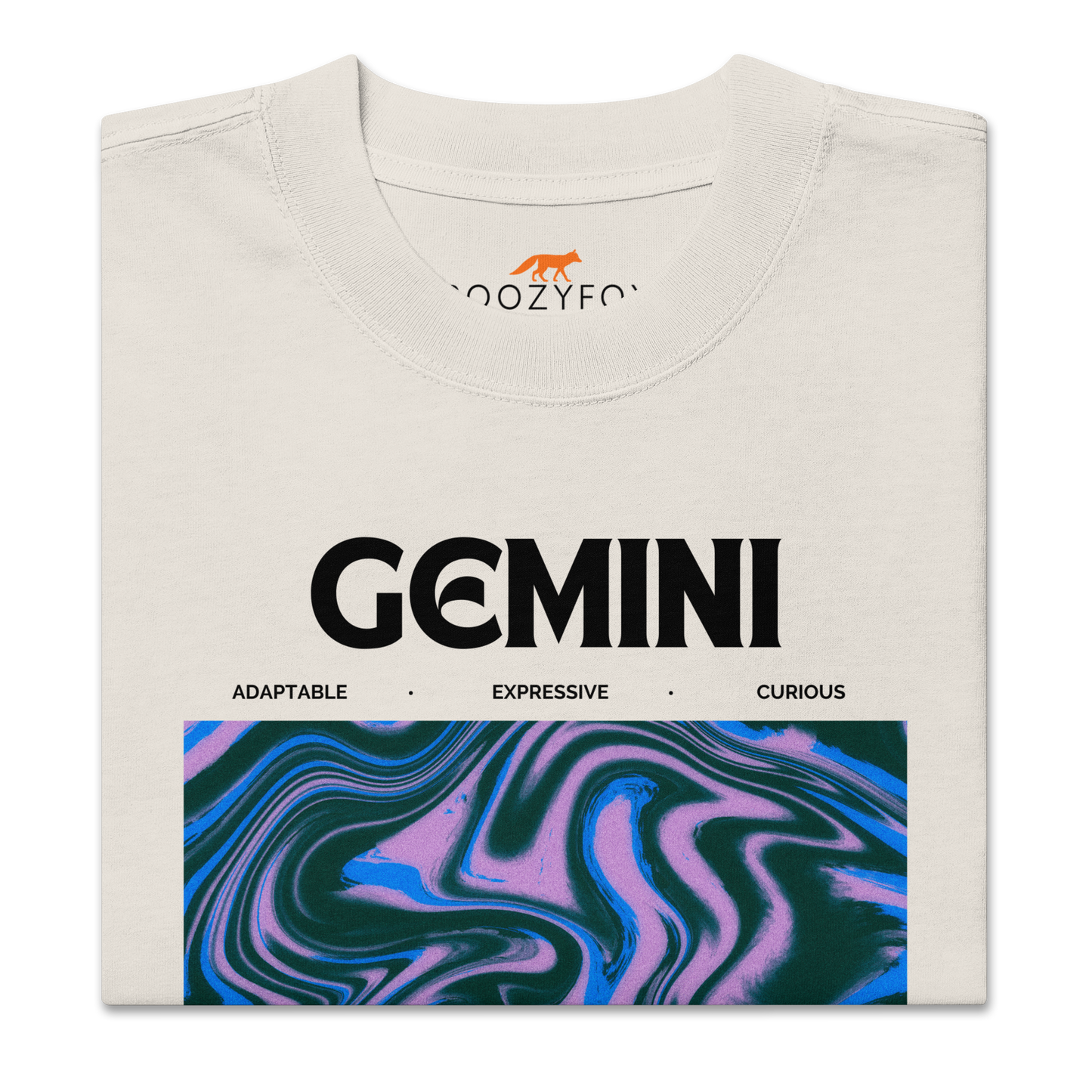 Front details of a Faded Bone Gemini Oversized T-Shirt featuring an Abstract Gemini Star Sign graphic on the chest - Cool Graphic Zodiac Oversized Tees - Boozy Fox