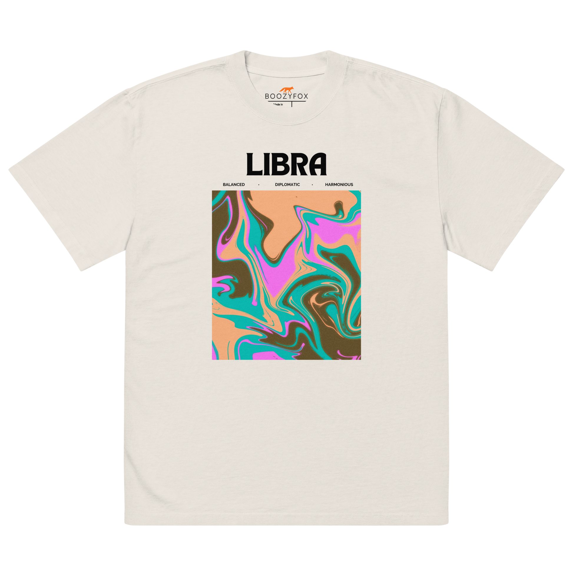 Faded Bone Libra Oversized T-Shirt featuring an Abstract Libra Star Sign graphic on the chest - Cool Graphic Zodiac Oversized Tees - Boozy Fox
