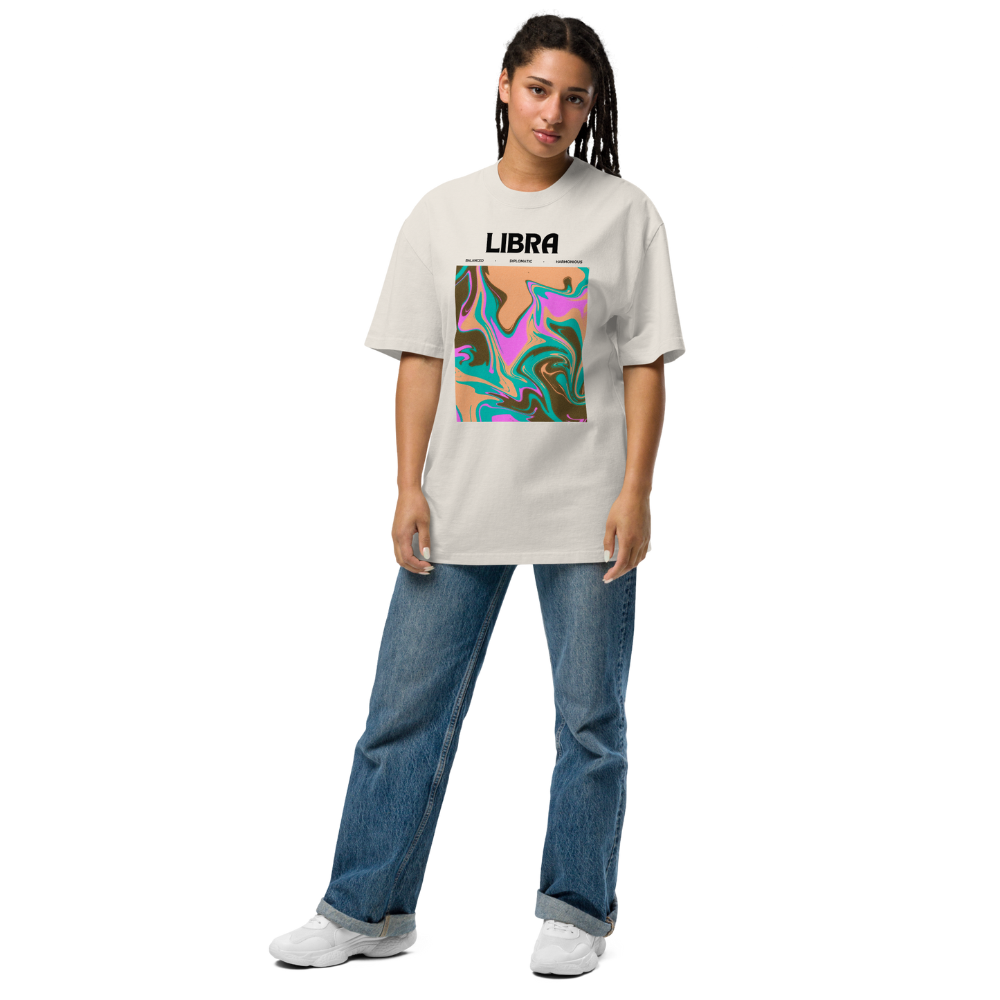 Woman wearing a Faded Bone Libra Oversized T-Shirt featuring an Abstract Libra Star Sign graphic on the chest - Cool Graphic Zodiac Oversized Tees - Boozy Fox